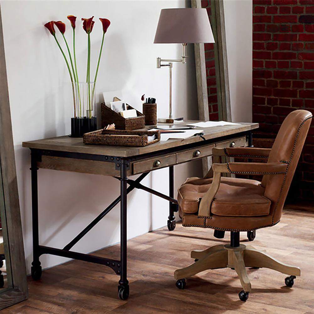 47" Retro Industrial Rolling Desk Pine Wood Mobile Office Desk with 3 Drawers-Desks,Furniture,Office Furniture