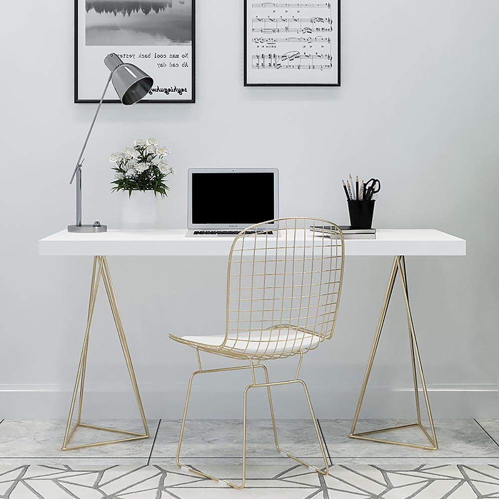 47" White Rectangular Wood-Top Writing Desk for Home Office with 2 Gold Pedestal-Desks,Furniture,Office Furniture