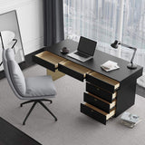 55" Modern Black Office Computer Desk with 6 Drawer & Gold Leg-Desks,Furniture,Office Furniture