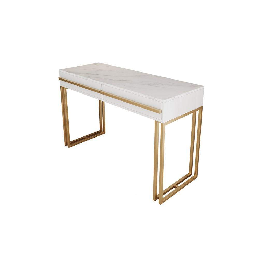 47" Rectangular White Office Desk with Drawers Marble Veneer Top Gold Hardware-Desks,Furniture,Office Furniture