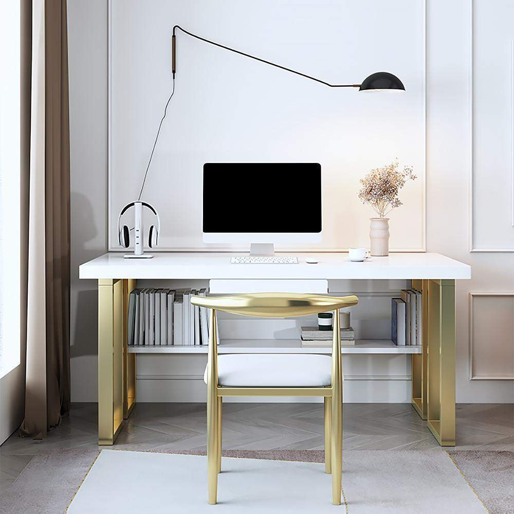 39" Modern White & Gold Rectangular Computer Desk with Keyboard Tray & Storage Shelf-Desks,Furniture,Office Furniture