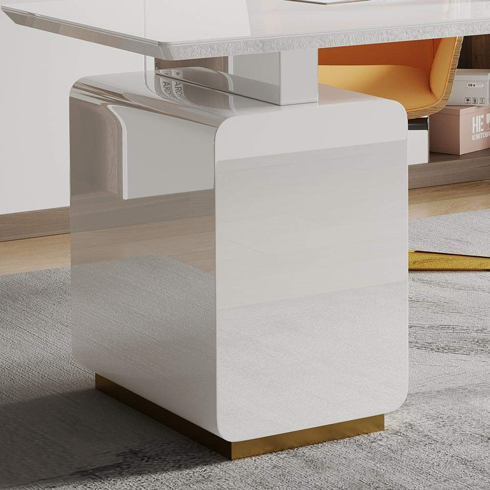 70.9" Modern White Office Desk with Side Cabinet & Drawer in Gold Base-Desks,Furniture,Office Furniture