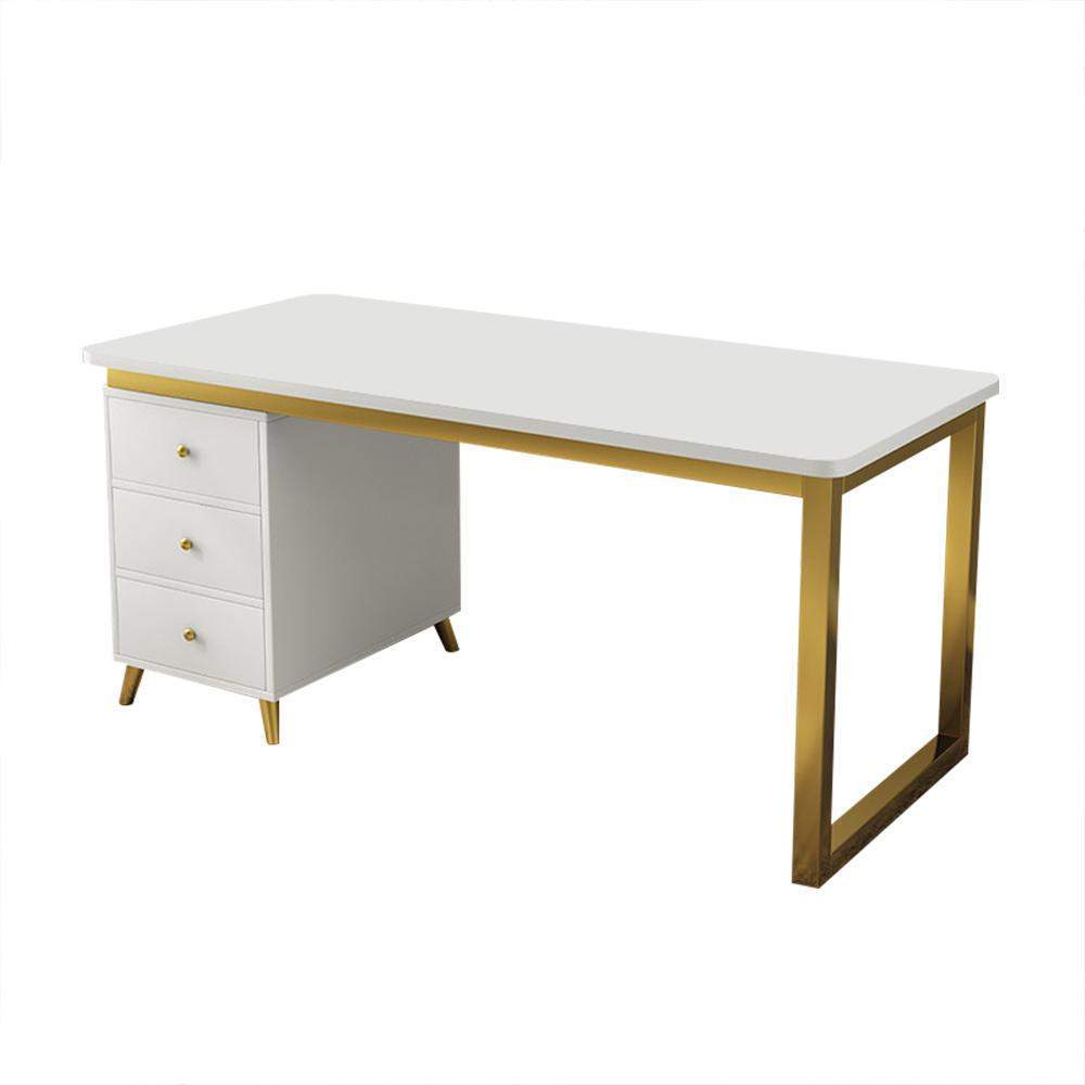 Modern White Rectangular Home Office Desk with Drawers in Gold Leg-Desks,Furniture,Office Furniture