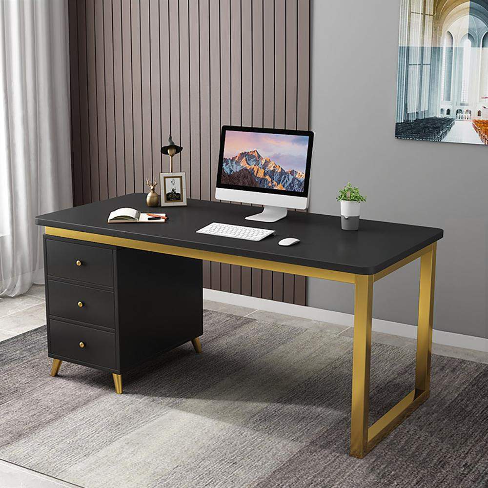 Modern White Rectangular Home Office Desk with Drawers in Gold Leg-Desks,Furniture,Office Furniture