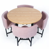 101,6 cm runder kleiner Esstisch aus Holz, Set mit 4 rosa gepolsterten Stühlen für Nook Balcony