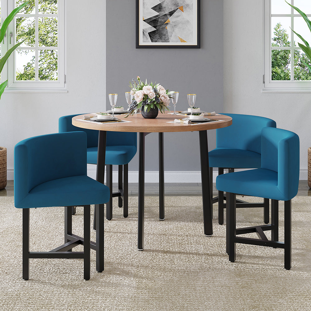 40" Round Wooden 4 Person Dining Table with Blue Upholstered Chairs Set for Nook Balcony