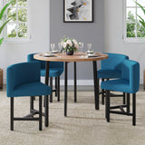 ヌークバルコニー用にセットされた青い布張りの椅子付きの40 "丸い木製4人のダイニングテーブル