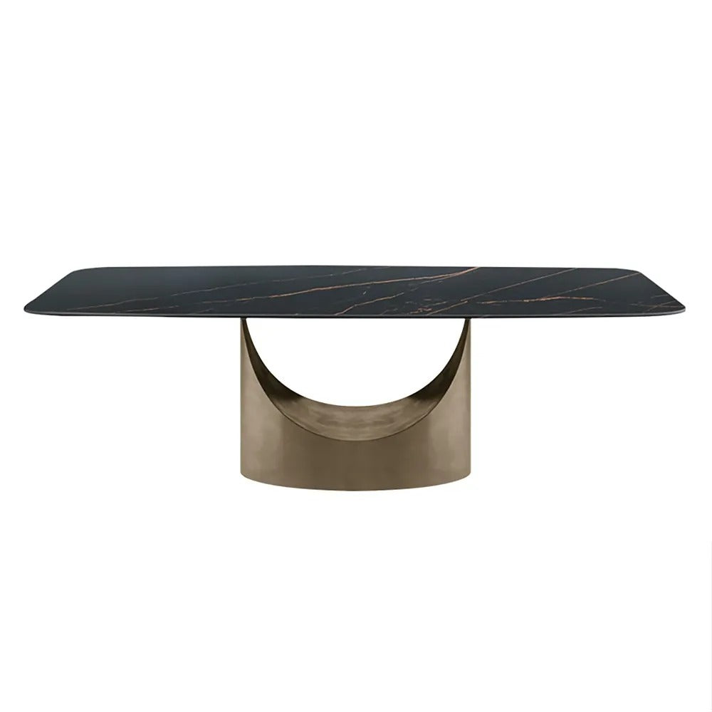 Modern Dining Table Villa Home Stone Tabletop Antique Brass Pedestal 71" for 8 Person