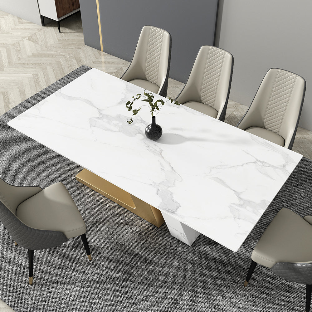 71" White Rectangle Modern Dining Table for 6 Stone Top & Stainless Steel Pedestal