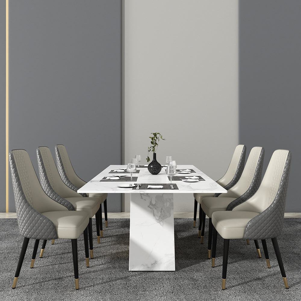79" White Rectangle Modern Dining Table for 8 Stone Top & Stainless Steel Pedestal