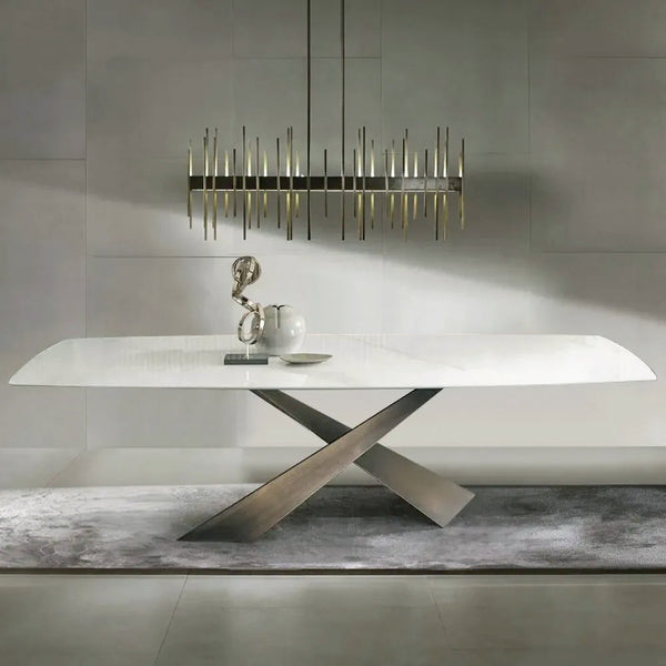 63" White Stone Top Rectangle Modern Dining Table Antique Brass X-Base ...