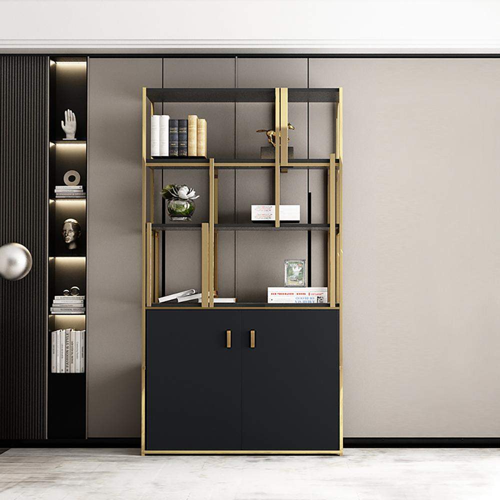 78" Luxury Standing Standard Bookshelf with Doors in Black & Gold-Bookcases &amp; Bookshelves,Furniture,Office Furniture