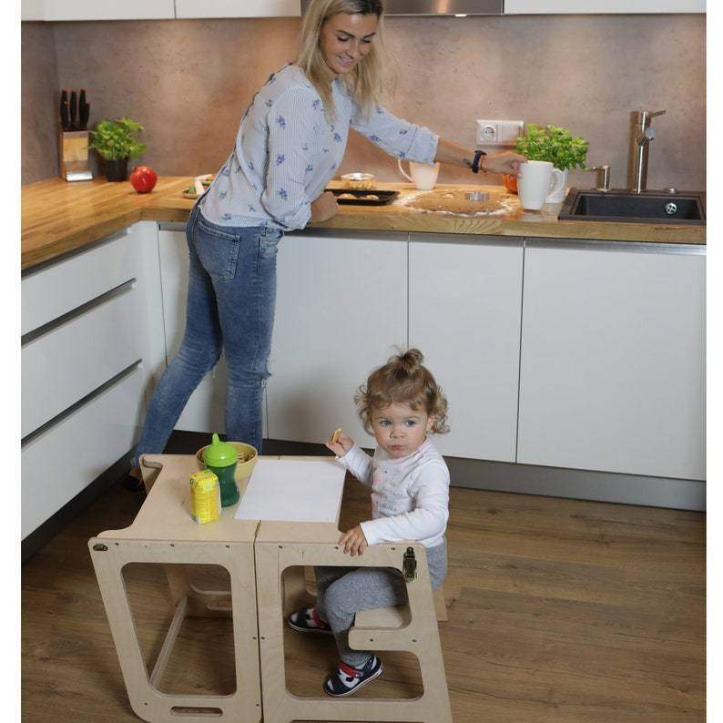 Montessori helper tower - Table & Chair All-In-One, Tower with blackboard, Kitchen step stool, Kitchen helper tower, Folding toddler tower-kid furniture