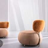 Round Light Brown Accent Chair Boucle & LeathAire Upholstery for Living Room