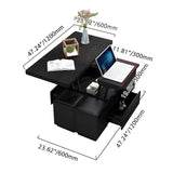 Mesa de centro negra plegable con parte superior de piedra sinterizada con tapa de elevación multifuncional con almacenamiento, 4 taburetes de cuero