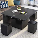 Multifunctional Lift Top Sintered Stone Top Folding Black Coffee Table With Storage,4 Leather Stools