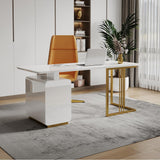 63" Modern White Executive Desk with Drawers & Side Cabinet in Gold Base