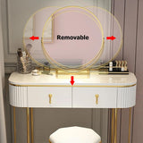 Tocador de maquillaje brillante ovalado blanco nórdico con 2 cajones y espejo giratorio y taburete