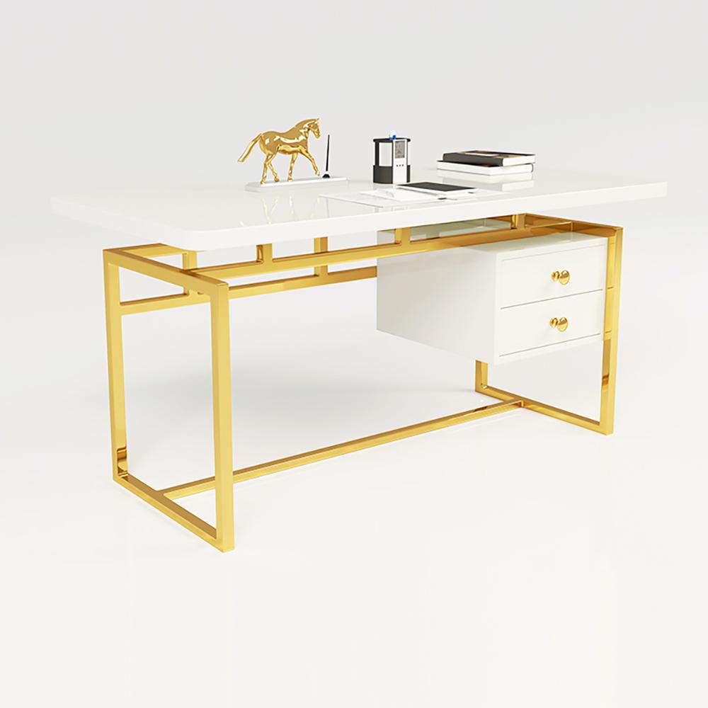 71" White Writing Desk Modern Computer Desk with 2-Drawer in Gold