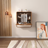 Walnut Makeup Vanity and Cushioned Stool Set Wall Mounted Vanity Table & Movable Mirror