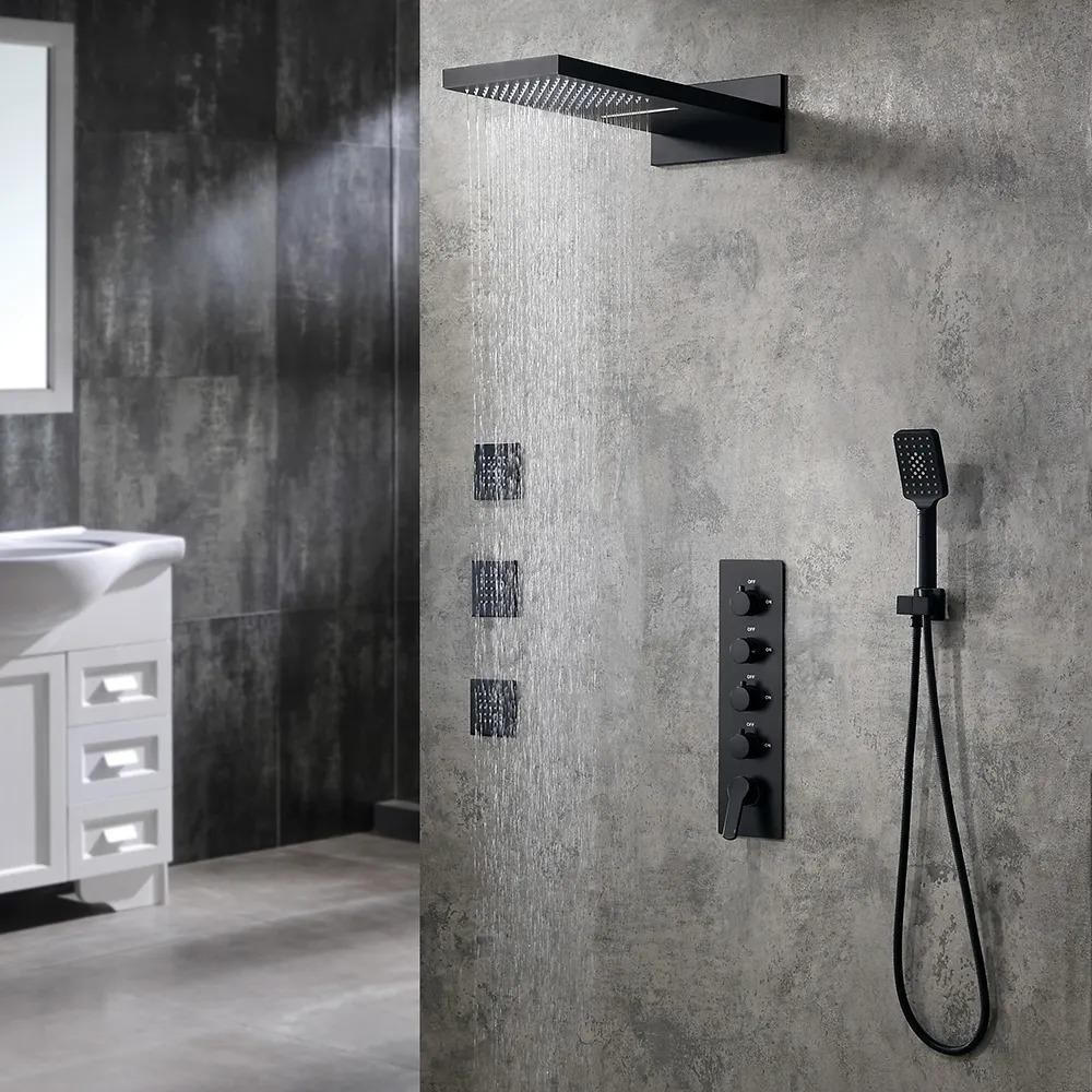 Wall Mounted Waterfall Rain Shower System with 3 Body Sprays in Matte Black