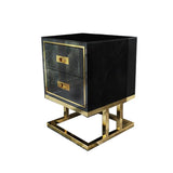 Modern Black Side Cabinet with Tempered Glass Top Lacquered & 2 Drawers Gold Finish