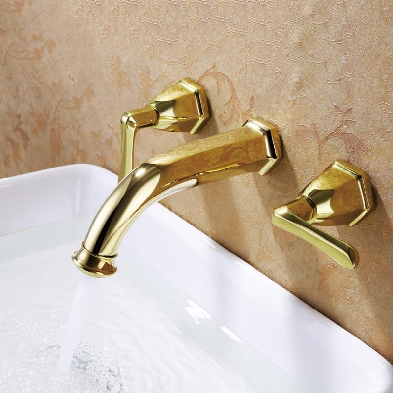 Traditional Wall Mounted Double Handle Bathroom Sink Faucet Solid Brass in Gold Finish