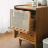 Rustic Rattan Nightstand Simple Walnut Bedroom with Storage Solid Wood Bedside Table
