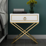 White Nighstand with Drawer Bedside Table with X-Shaped Stainless Steel Base