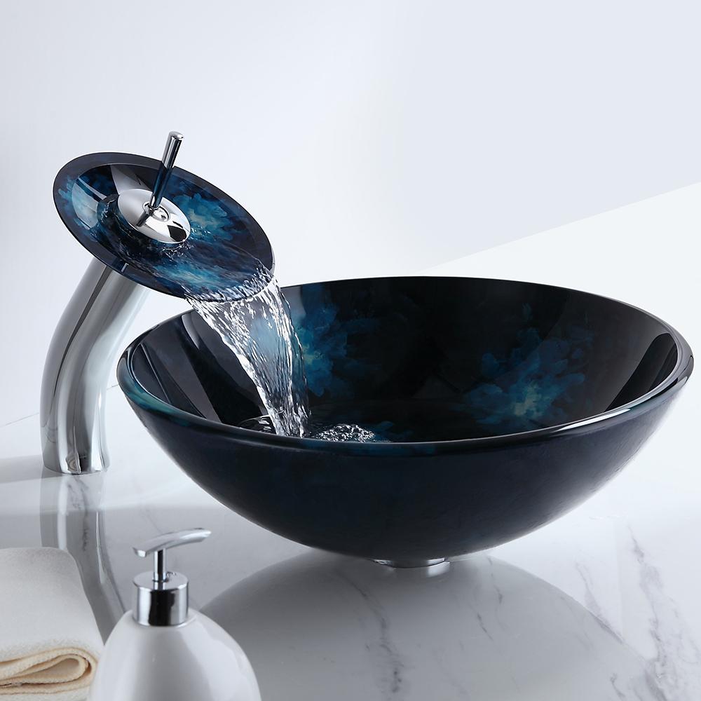 Dark Blue Tempered Glass Circular Vessel Sink Waterfall Faucet Set Pop-Up Drain Included