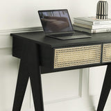 Modern Black Rattan Desk Home Office Desk with Drawers Wooden Writing Desk