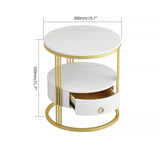 Modern White Round Nightstand with Marble-Top & Drawer & Shelf in Gold Base