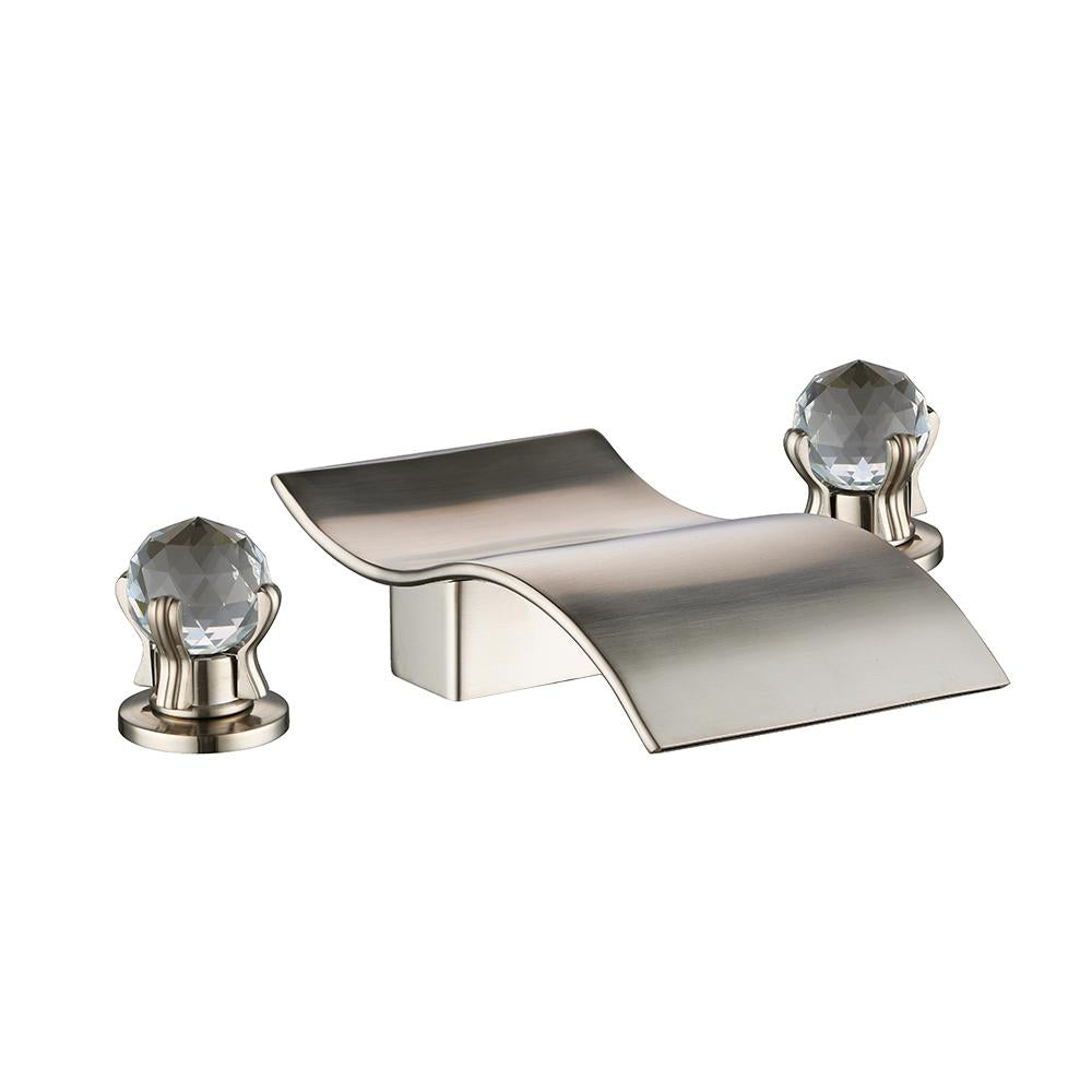Deck Mount Widespread Waterfall 2 Crystal Handle Bathroom Sink Faucet in Brushed Gold