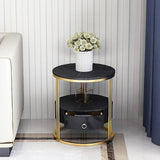 Modern White Round Nightstand with Marble-Top & Drawer & Shelf in Gold Base