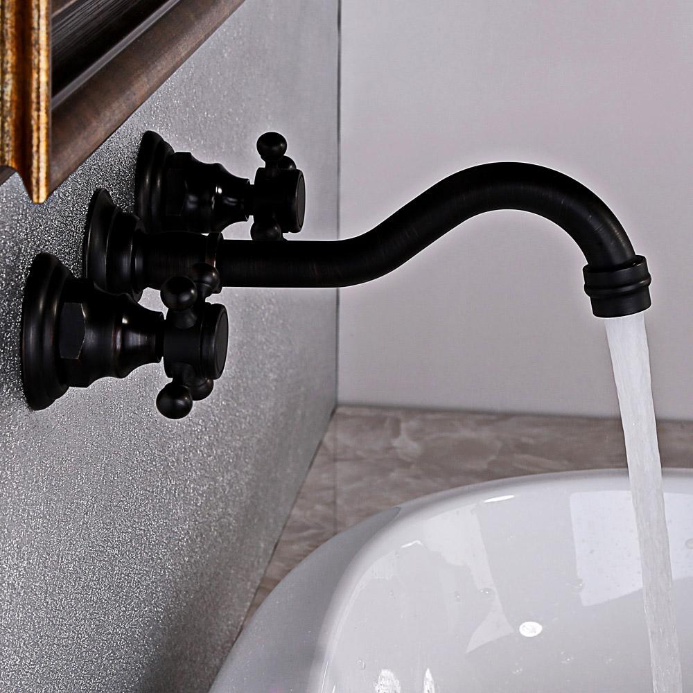 Chester Classic Design Wall Mount Antique Black Bathroom Sink Faucet Double Cross Handle Solid Brass