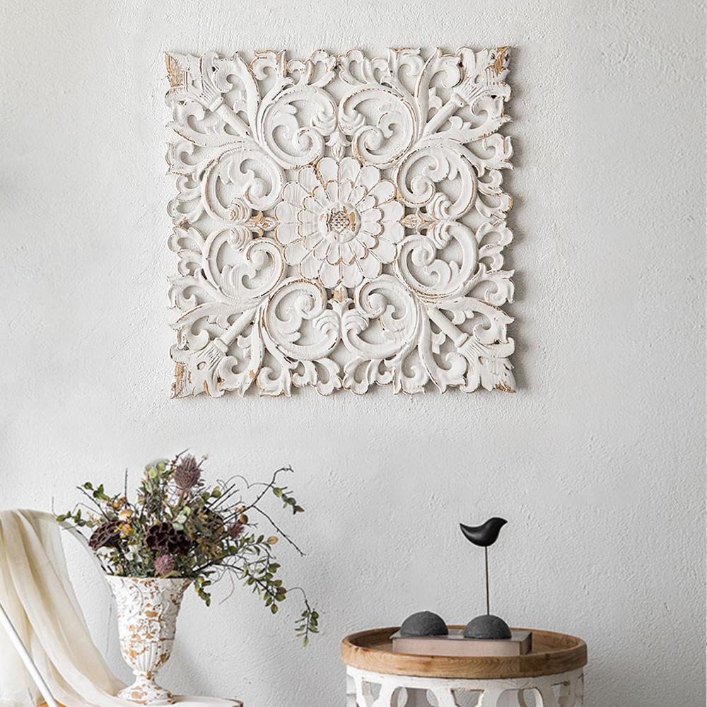 Farmhouse Square Wood Wall Decor Distressed White Carved Flower