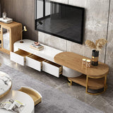 Moderner ausziehbarer Nesnesis-TV-Ständer mit ovaler Medienkonsole in Weiß und Natur