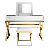 مجموعة مكياج الخشب المكياج الحديثة 2-drawer مع المرآة والبراز x الفولاذ المقاوم للصدأ في الذهب
