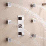 Moderno cabezal de ducha de lluvia LED cuadrado de 16 pulgadas para montaje en techo y 6 rociadores para el cuerpo y sistema de ducha de mano montado en la pared Níquel cepillado