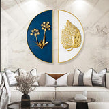 2 قطعة جدار جدار معدني ديكور الفن المنزلي بالذهب والأزرق مع تصميم شبه دائرة