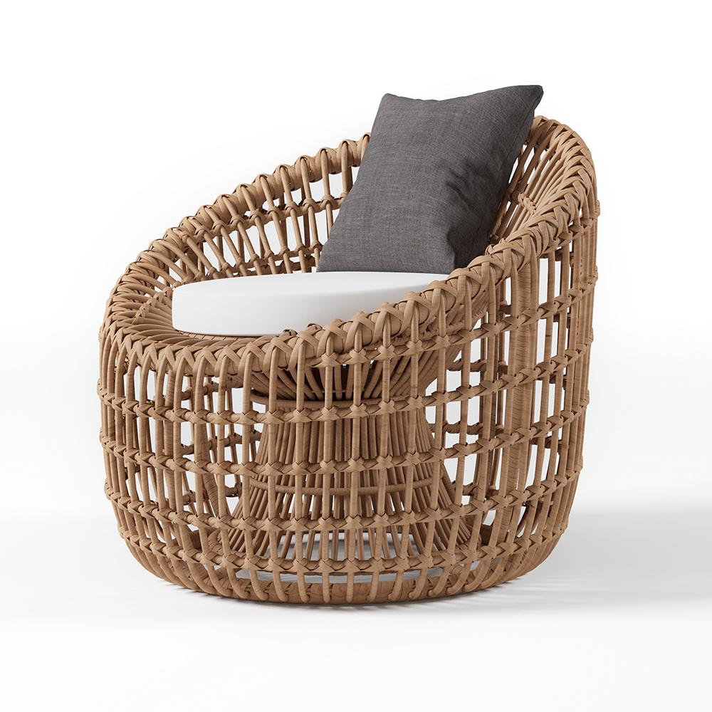 Austen Rattan Outdoor Barrel Chair Nest Shape Sidechair with Cushion in Brown