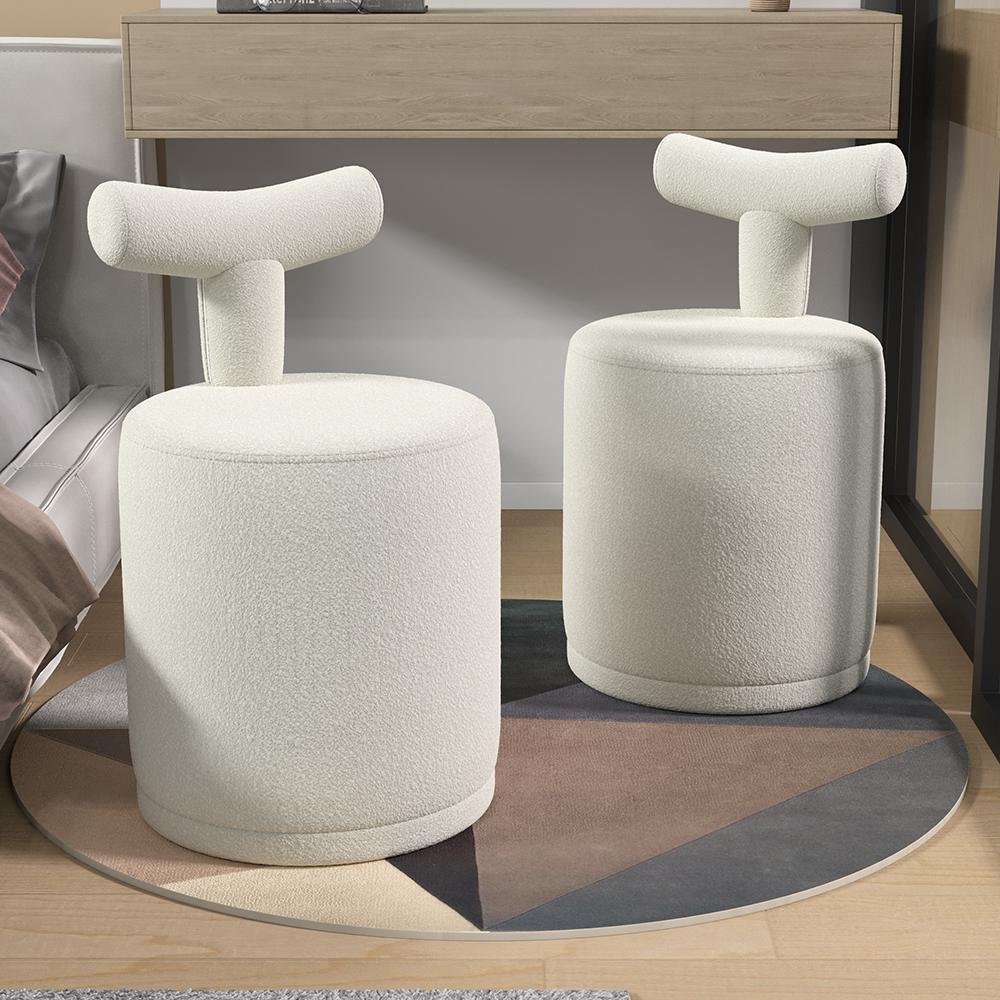 Modern White Boucle Vanity Stool with Round Seat & Back Bedroom Vanity Chair