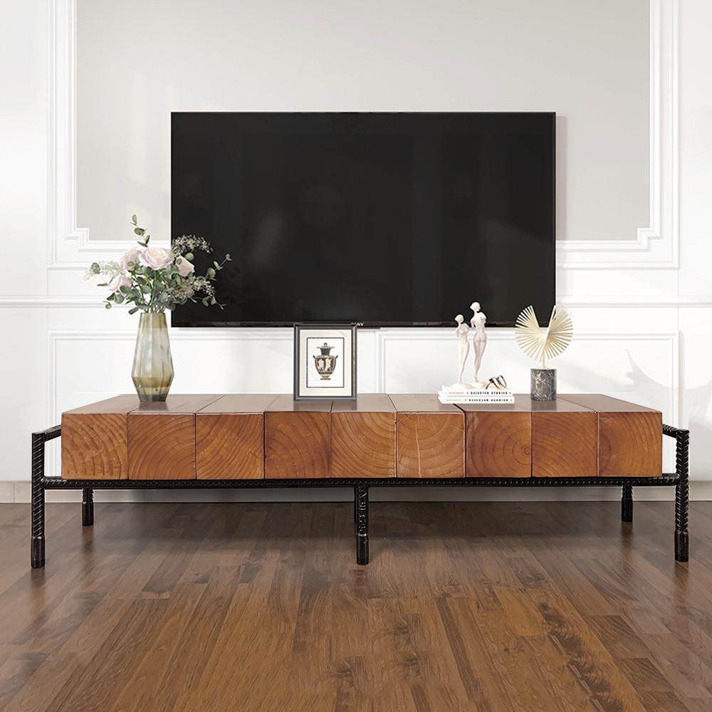 59" Industrial Pine Wood Rectangular TV Stand in Walnut & Black for TV Up to 65 Inch