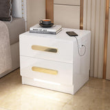Quadratischer Nachttisch mit 2 Schubladen, weiß, mit USB-Anschluss, Sensor, heller Bett-Beistelltisch, goldene Griffe