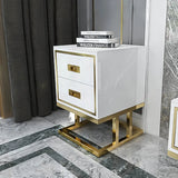 Modern Black Side Cabinet with Tempered Glass Top Lacquered & 2 Drawers Gold Finish