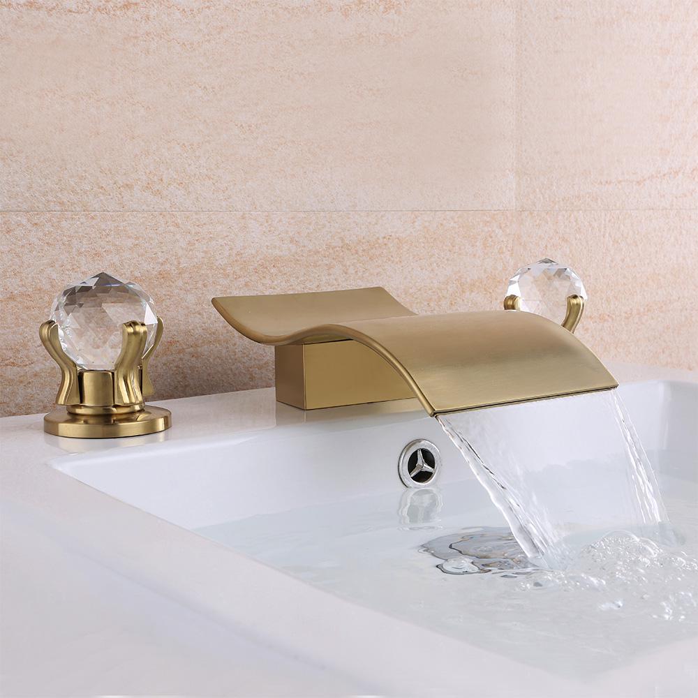 Grifo de baño generalizado de latón macizo dorado, 3 agujeros, dos manijas,  grifo montado en la cubierta, grifos de lavabo de arco alto con válvula de
