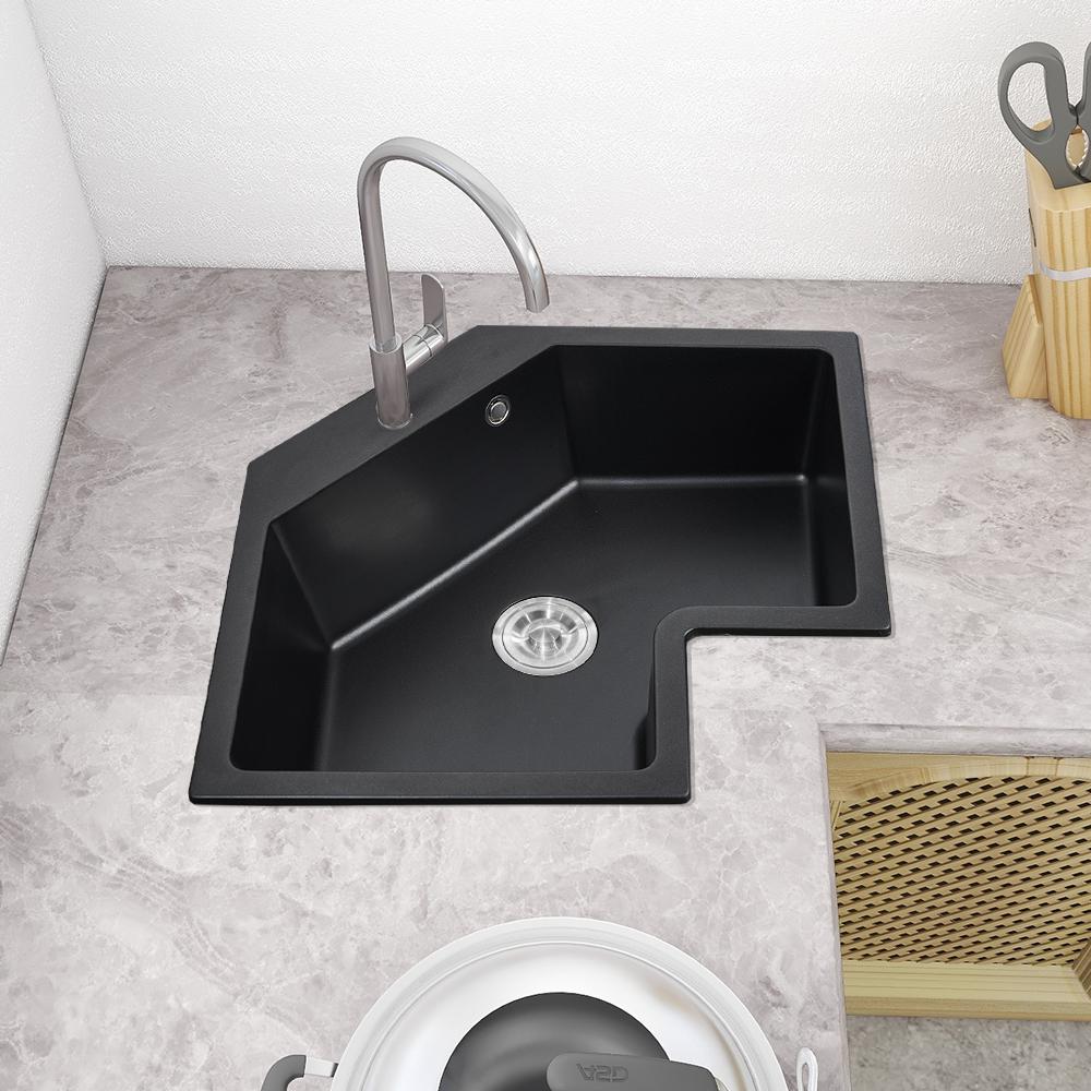 Black Drop In Corner Kitchen Sink Modern Single Bowl 25" Quartz Irregular Sink