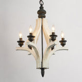Lámpara de araña de 6 luces de metal negro y madera blanca envejecida recuperada retro con luz de vela