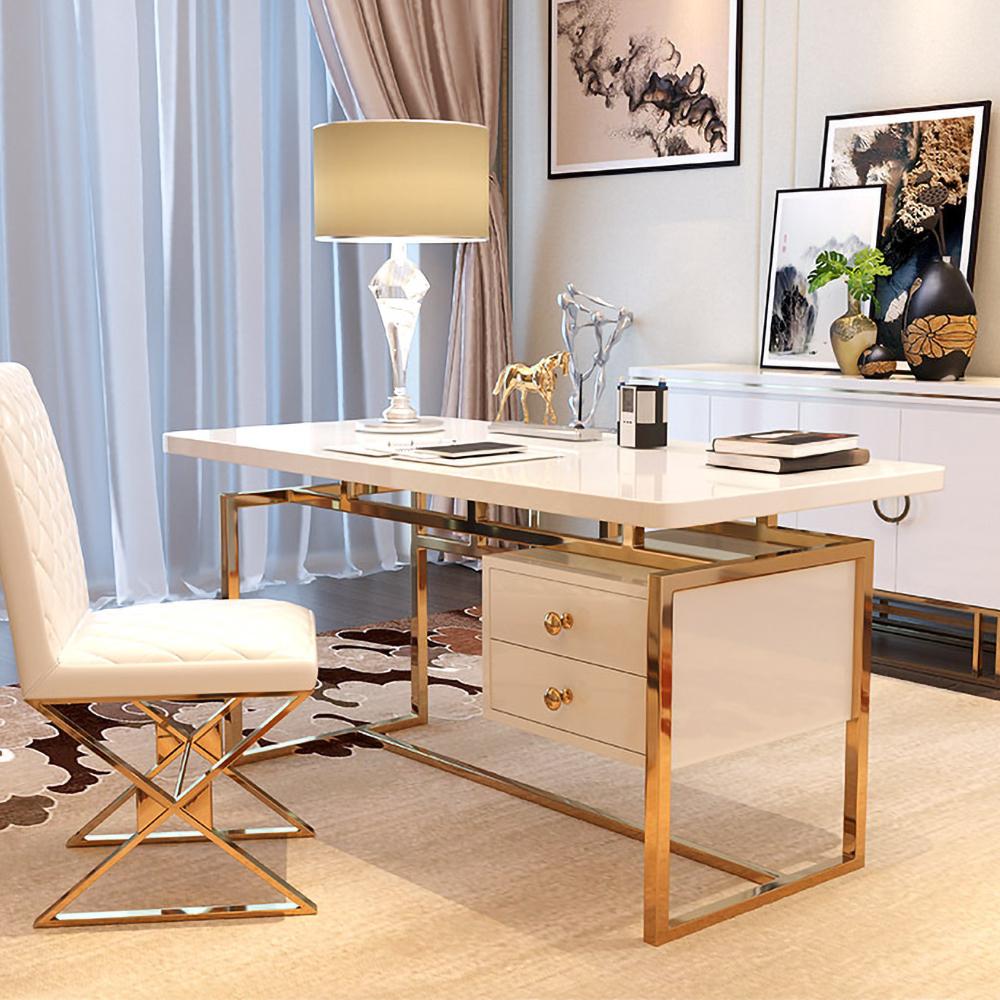 71" White Writing Desk Modern Computer Desk with 2-Drawer in Gold