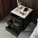 Modern Black Nightstand White Faux Marble Top Bedside Cabinet with 3 Drawers in Gold